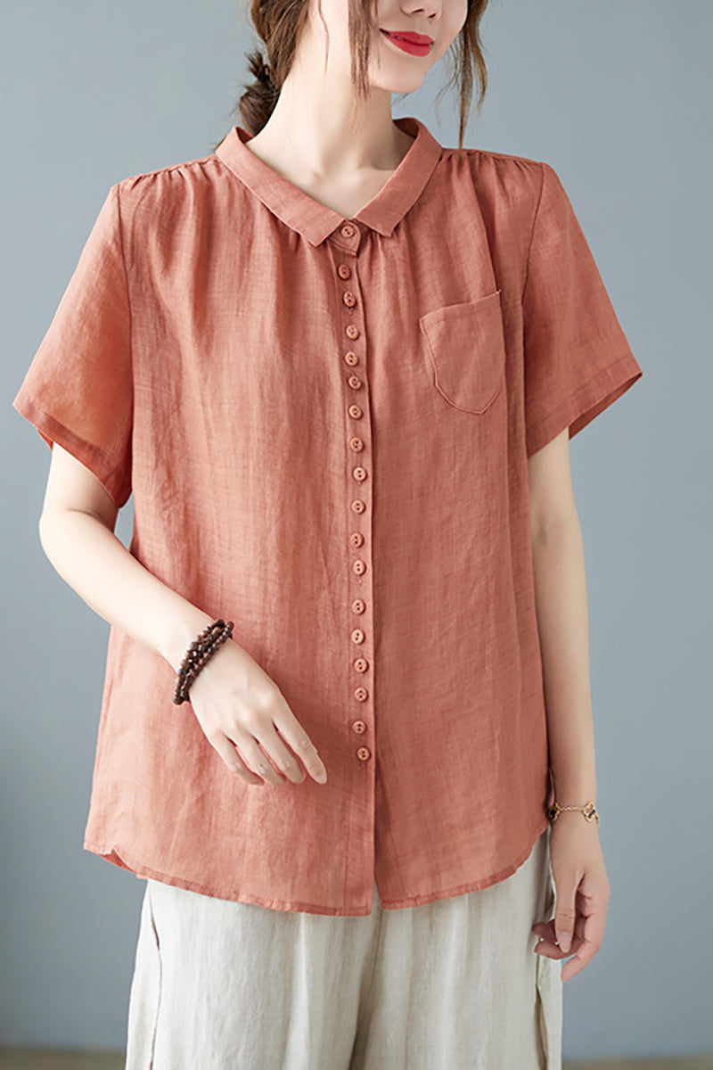 V Neck Short Sleeve Button Pocket Linen Blouse