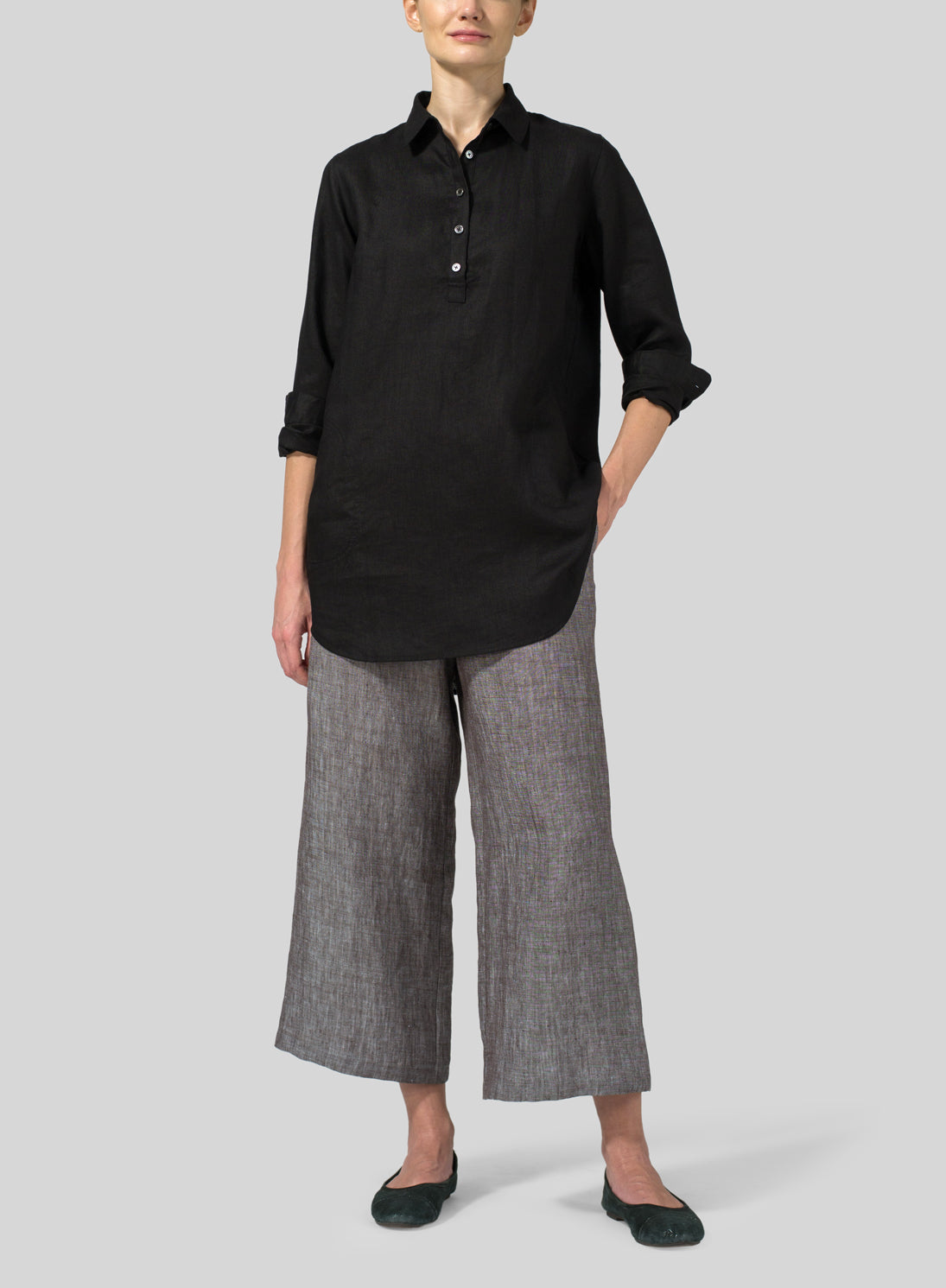 Womens Linen Classic Collar Half Button-Up Shirt