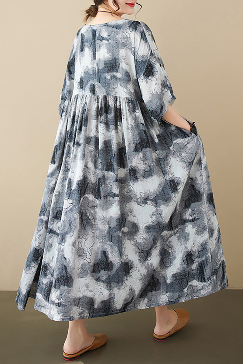 Pattern Print Half Sleeve Round Neck Linen Midi Dress