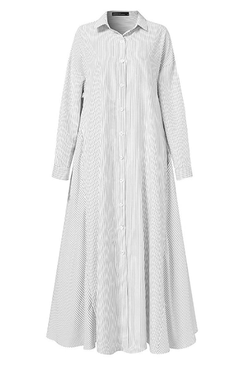 Striped Linen Button Down Casual Maxi Shirt Dress