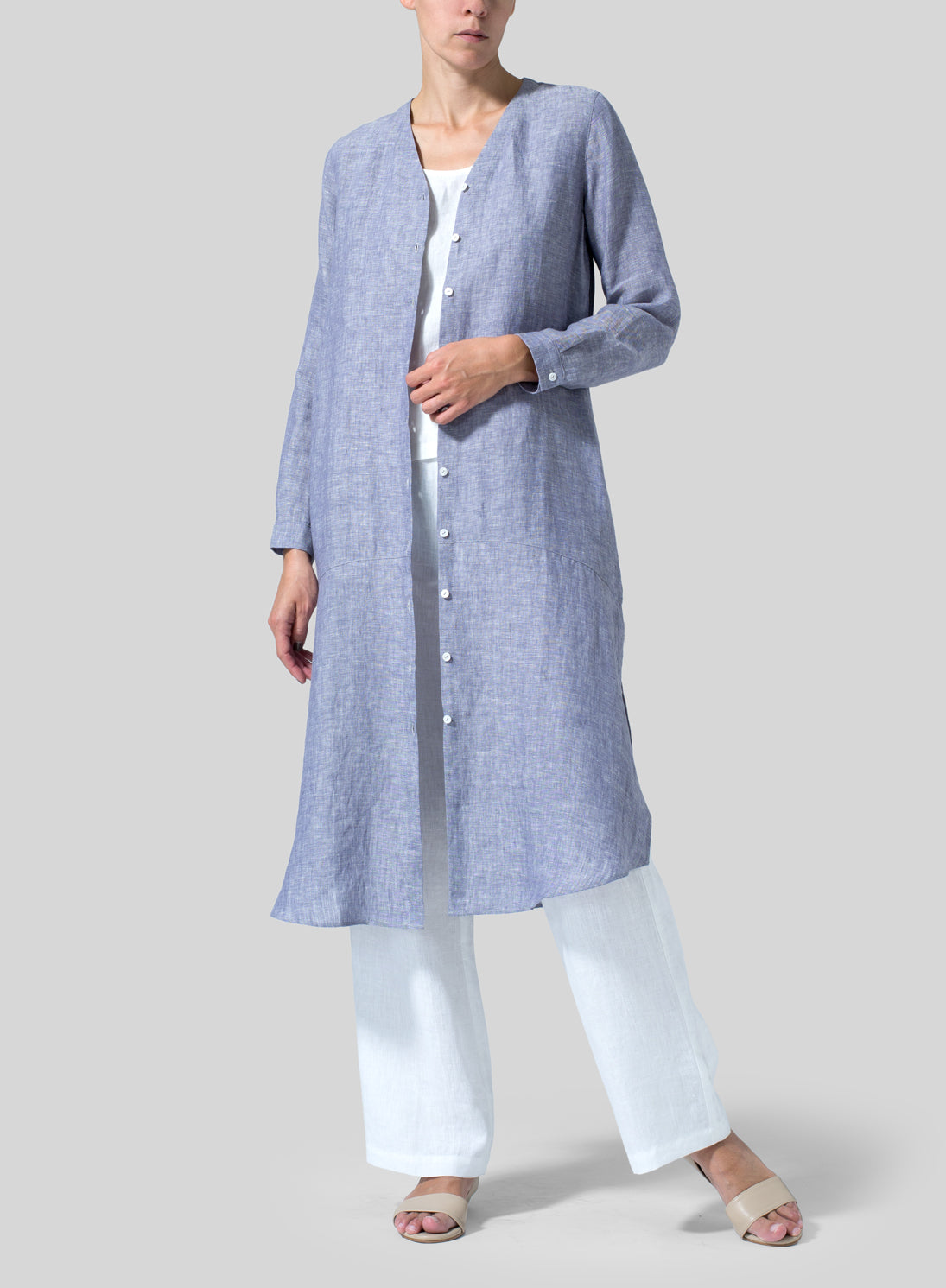 Womens Quality Cotton Linen V-Neck Long Shirt