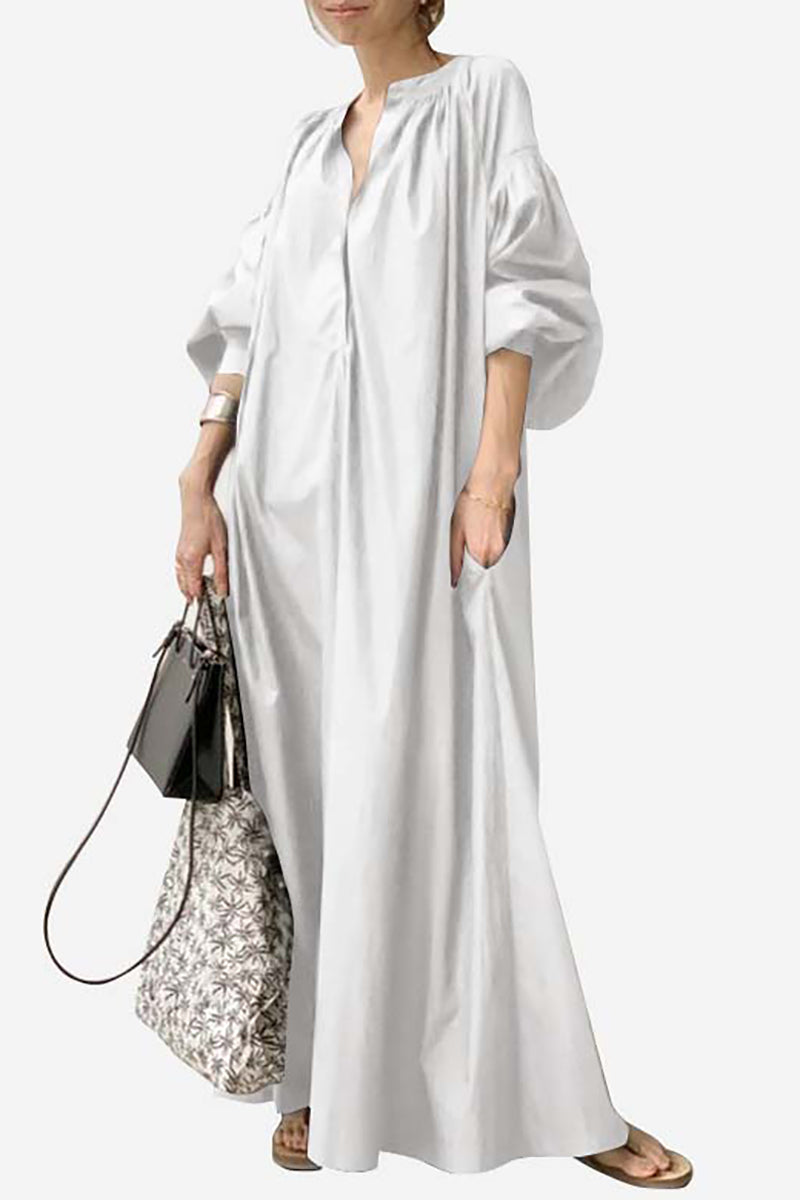 Long Lantern Sleeve Pocket Button Up Pleated Neck Casual Linen Dress