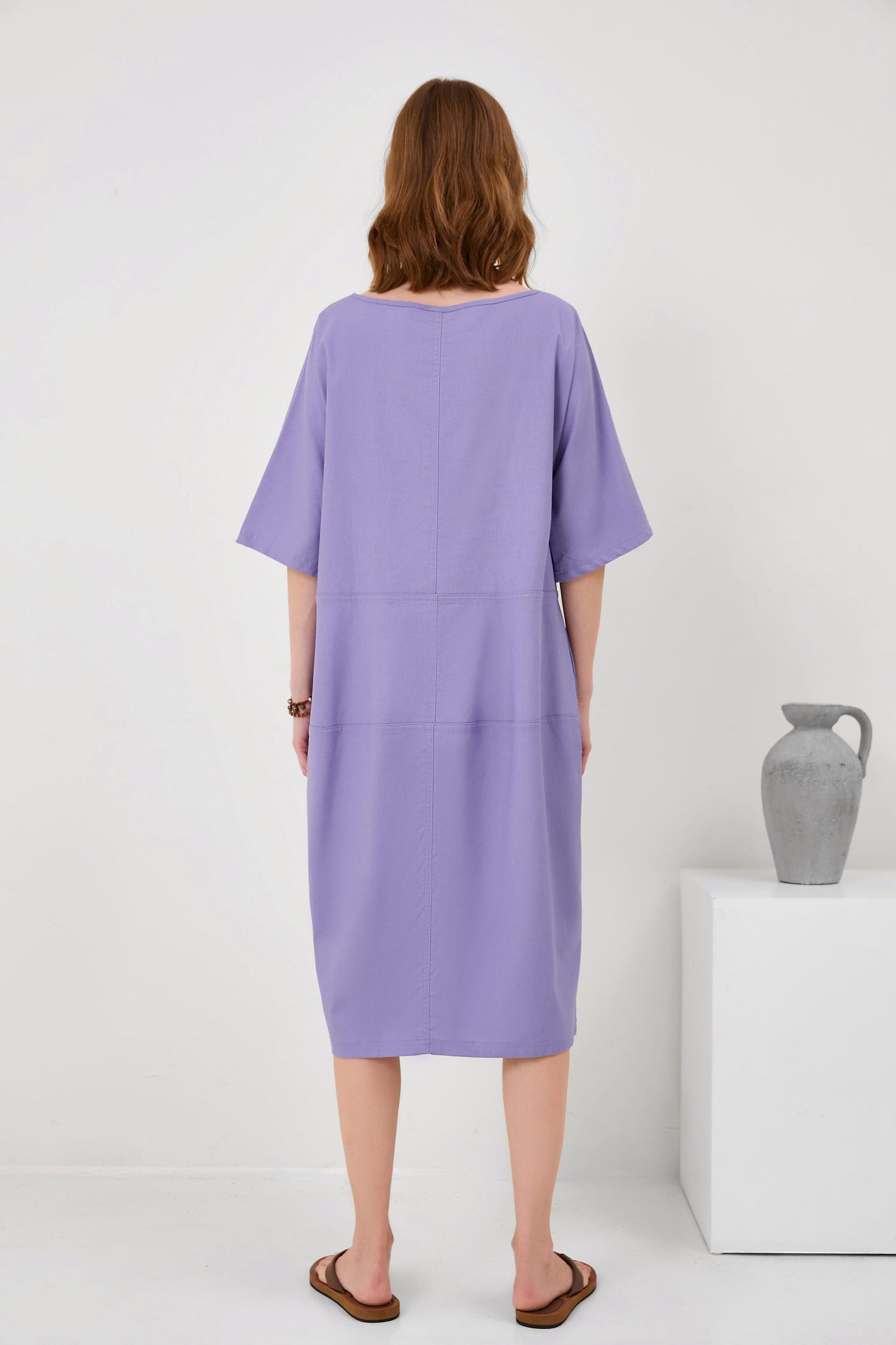 Fashion V-Neck Loose Pocket Mid-Sleeve Mid-Sleeve Cotton Linen Dress