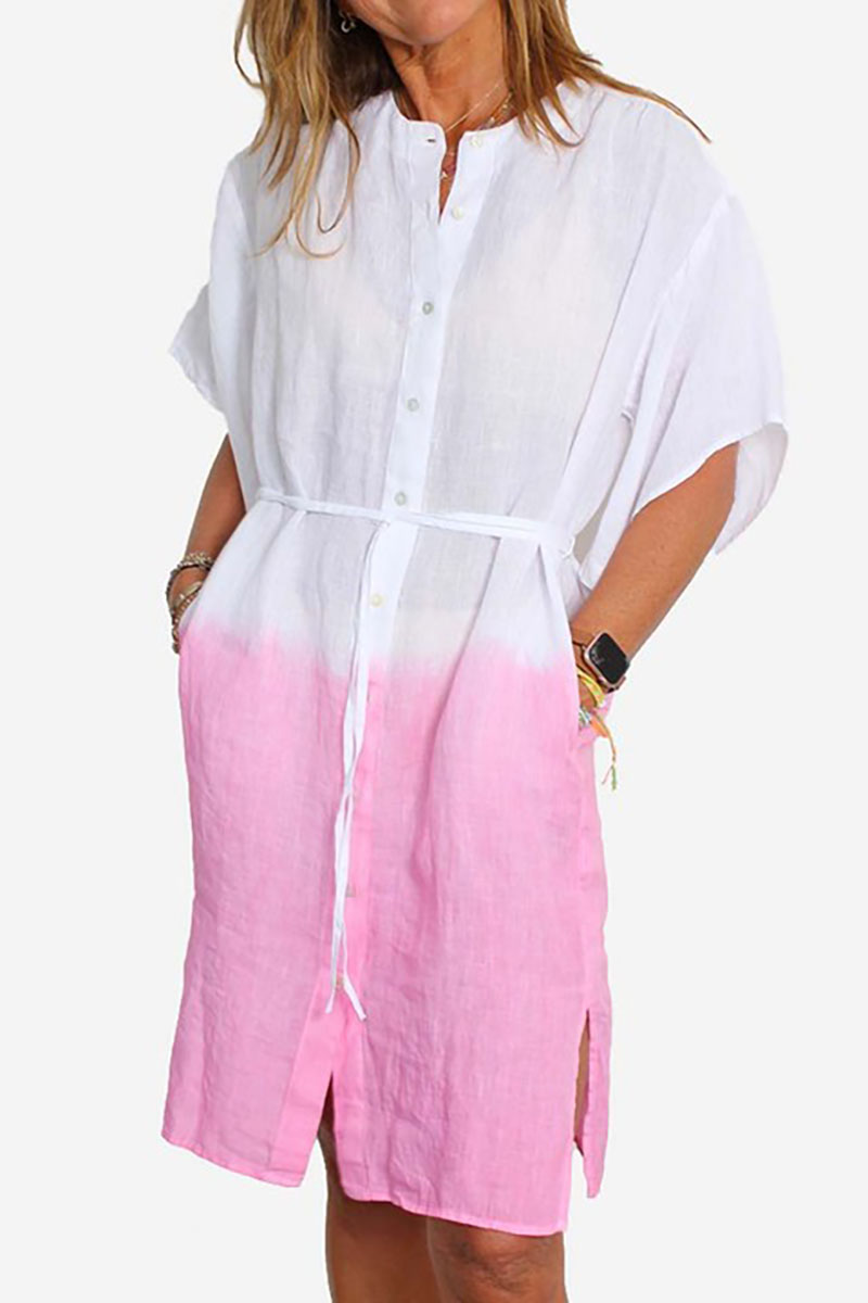 Round neck pocket irregular slit linen mini dress
