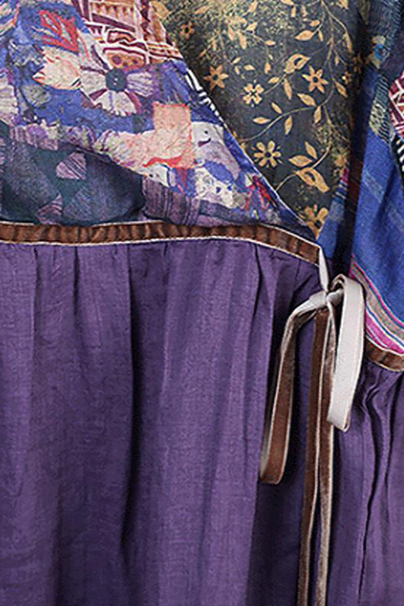 Linen Purple Half Sleeve V Neck Pattern Print Midi Dress