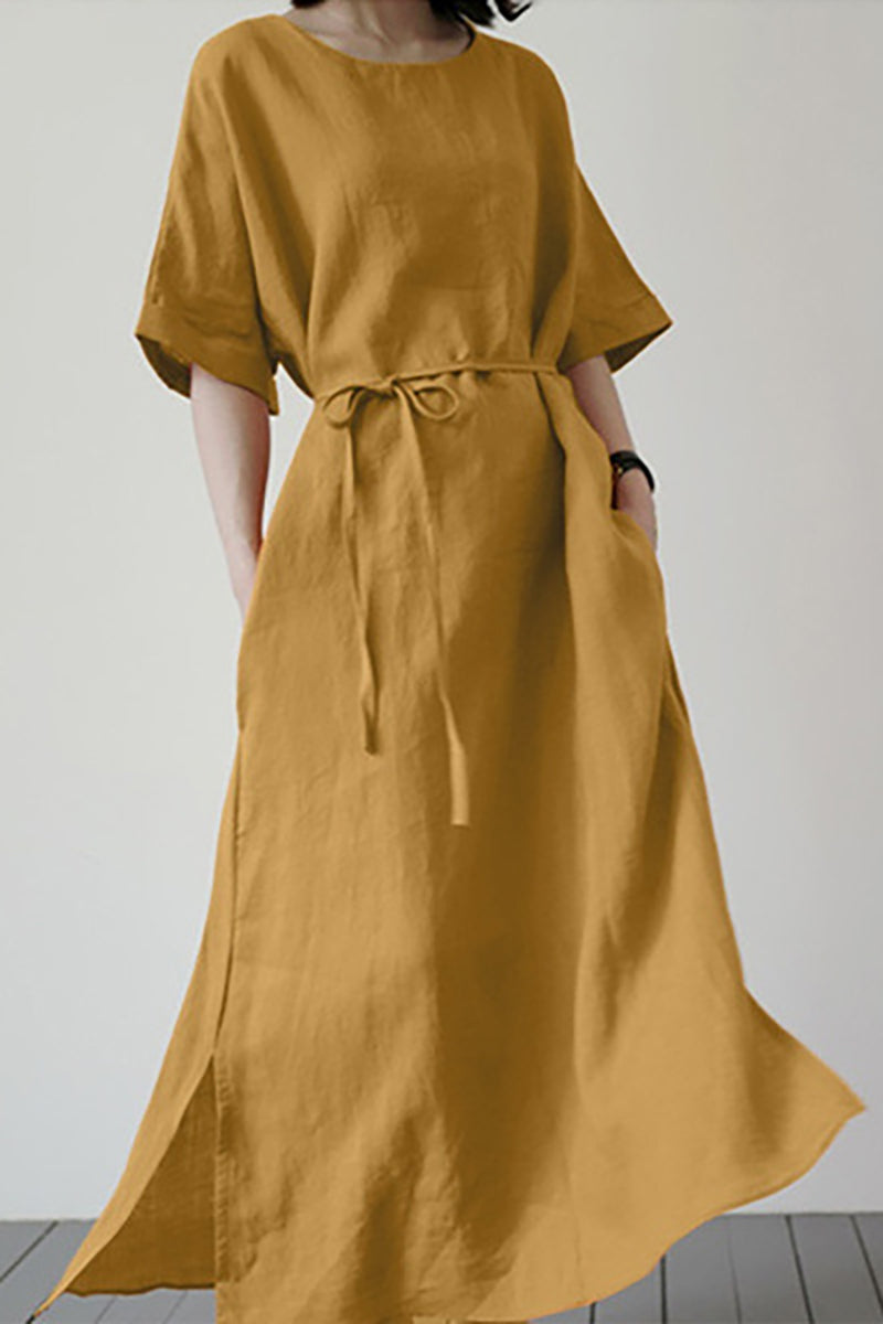 Round Neck Half Sleeve Slit Linen Midi Dress