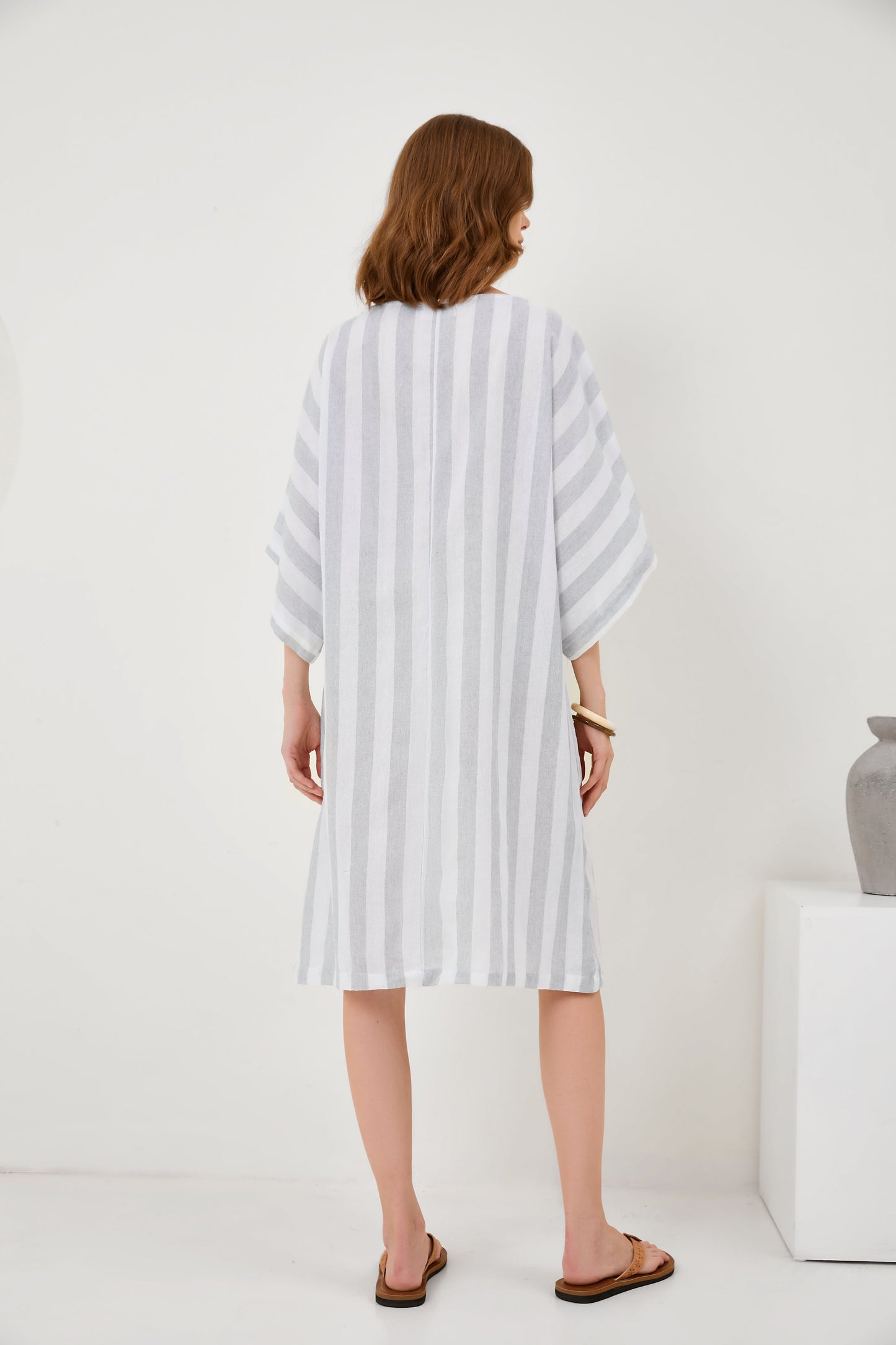 Cropped Sleeves Round Neck Cotton And Linen Comfort Dress