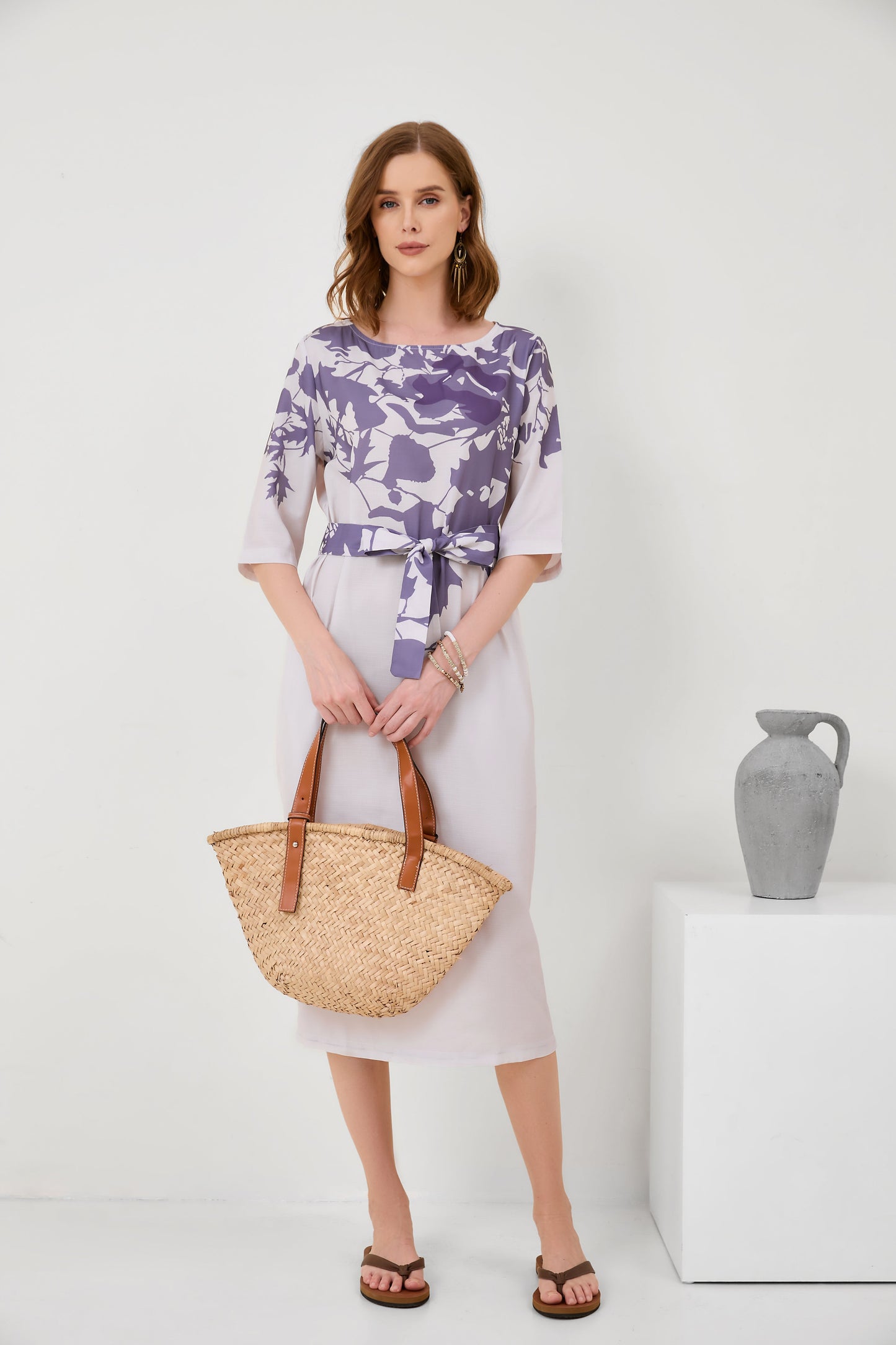 Cotton-Linen Floral Print Mid-Sleeve Dress