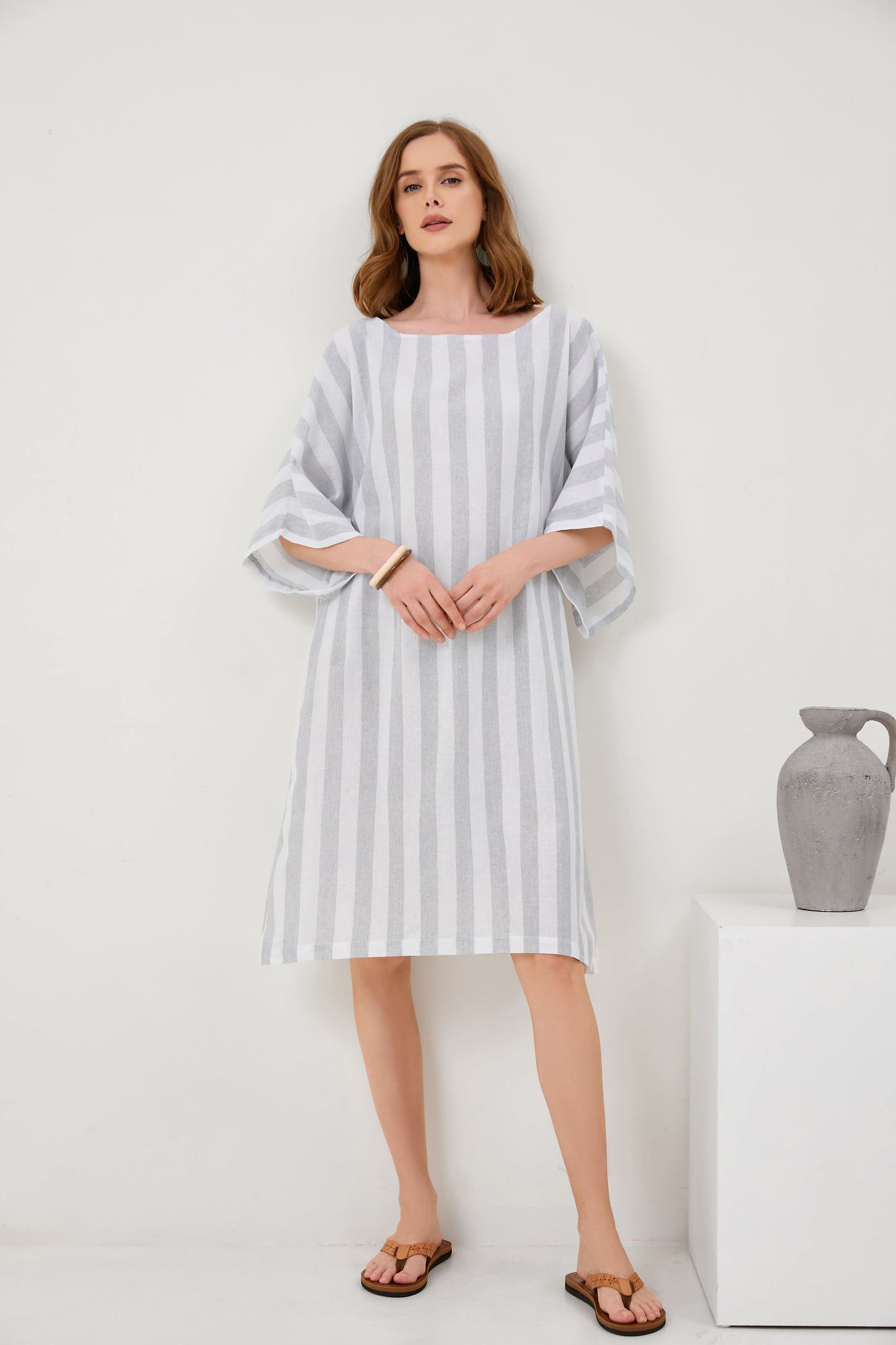 Cropped Sleeves Round Neck Cotton And Linen Comfort Dress