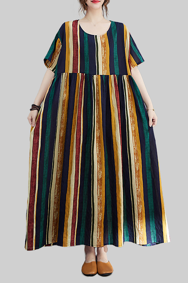 Linen Green Print Short Sleeve Round Neck Maxi Dress