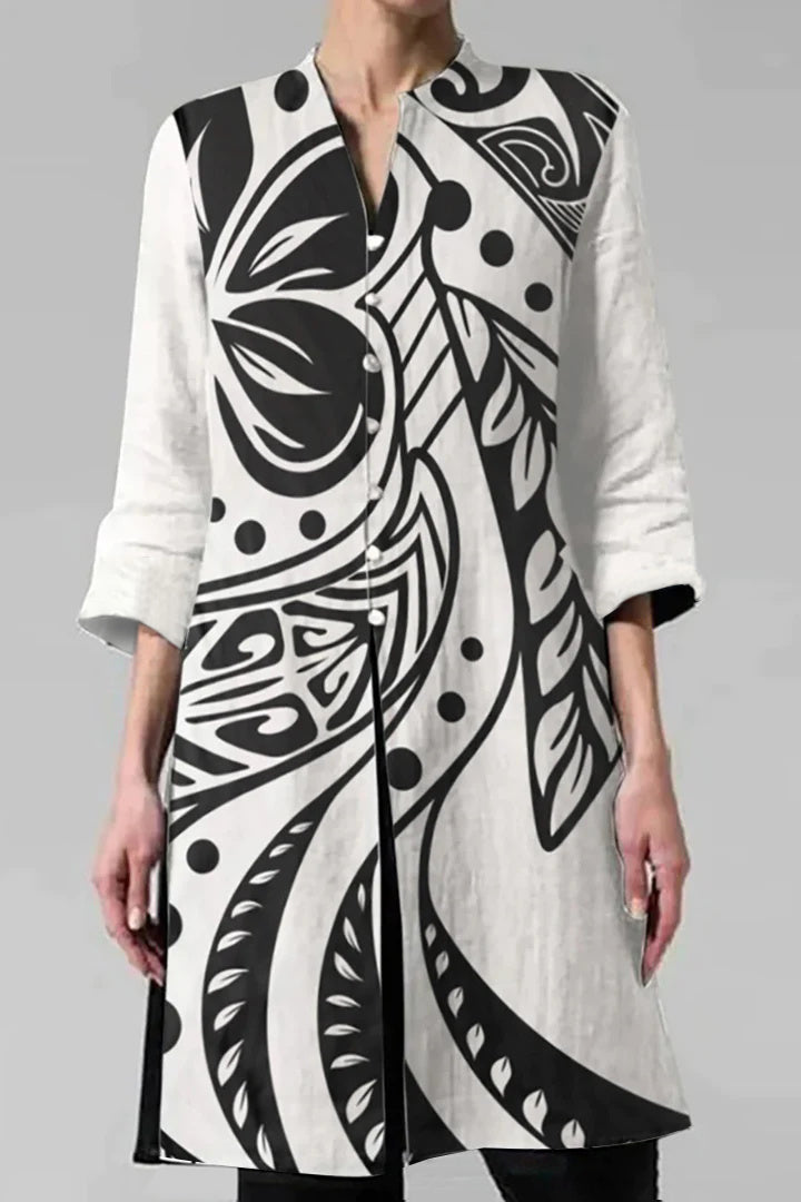 V Neck Button Vp Three Quarter Sleeve Print Casual Shirt Cardigan