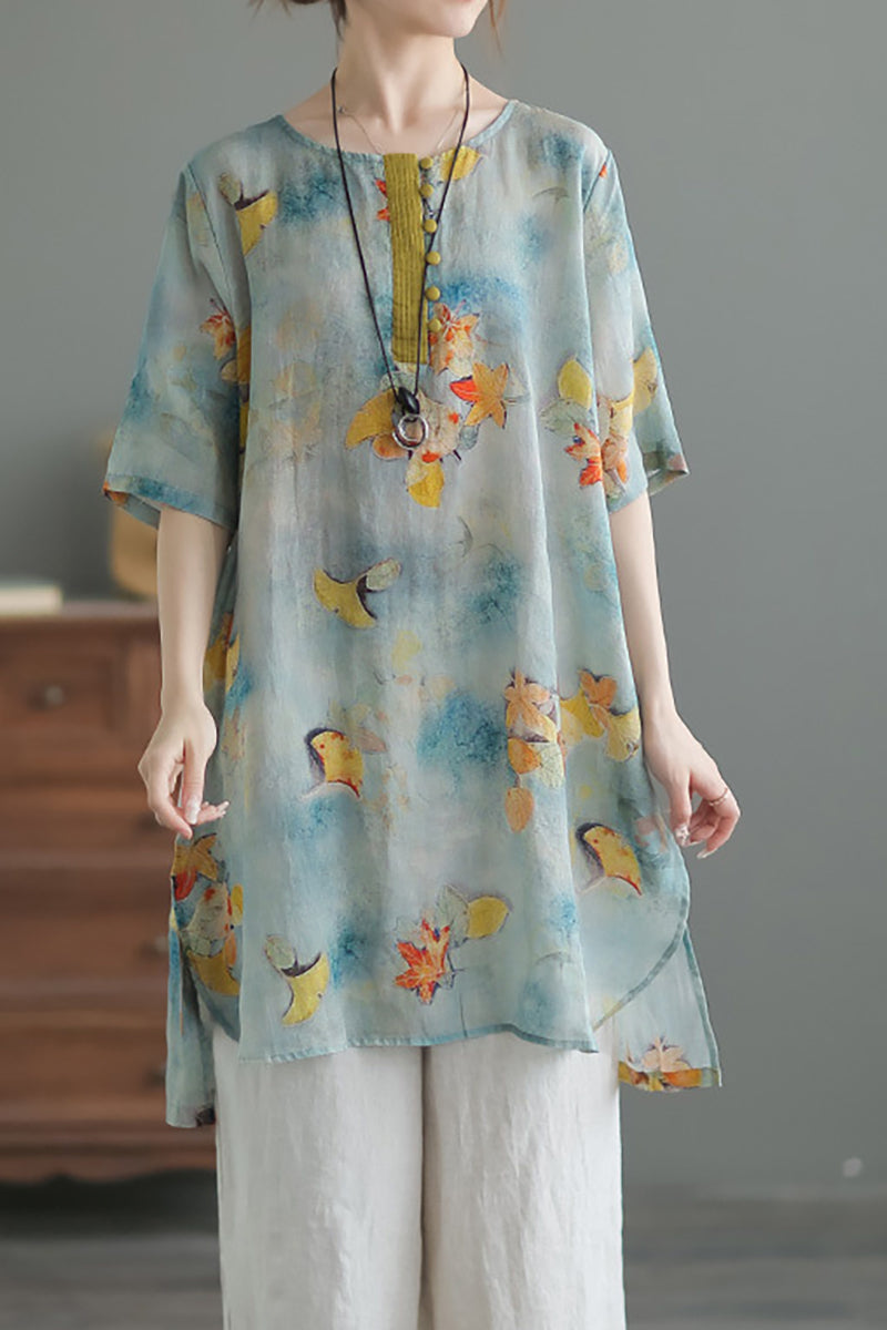 Round Neck Three Quarter Sleeve Irregular Hem Linen Top