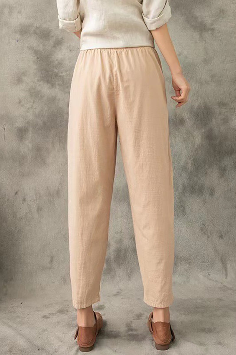 Embroidered pocket drawstring linen harem pants