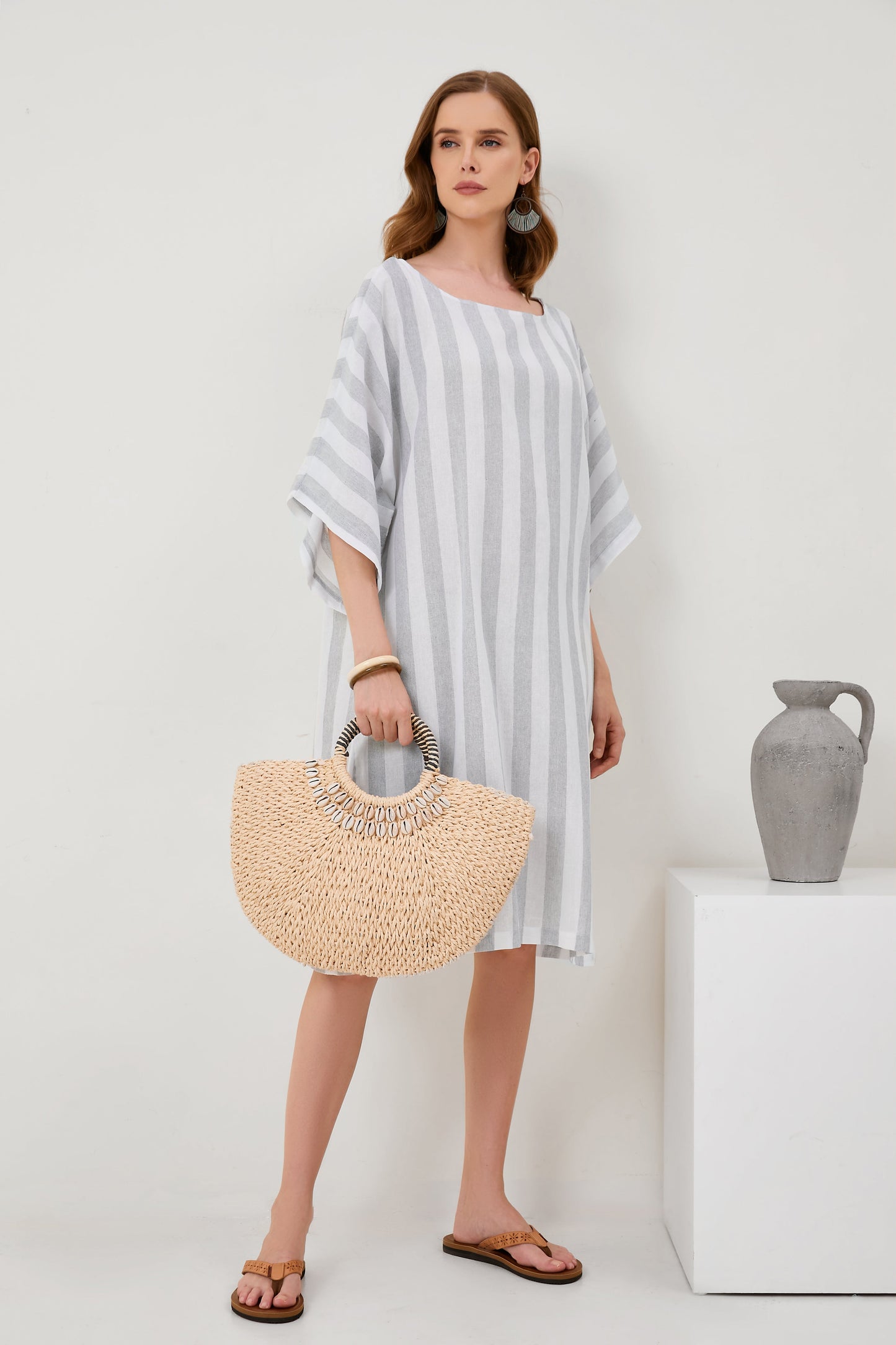 Cropped Sleeves Round Neck Cotton And Linen Comfort Dress