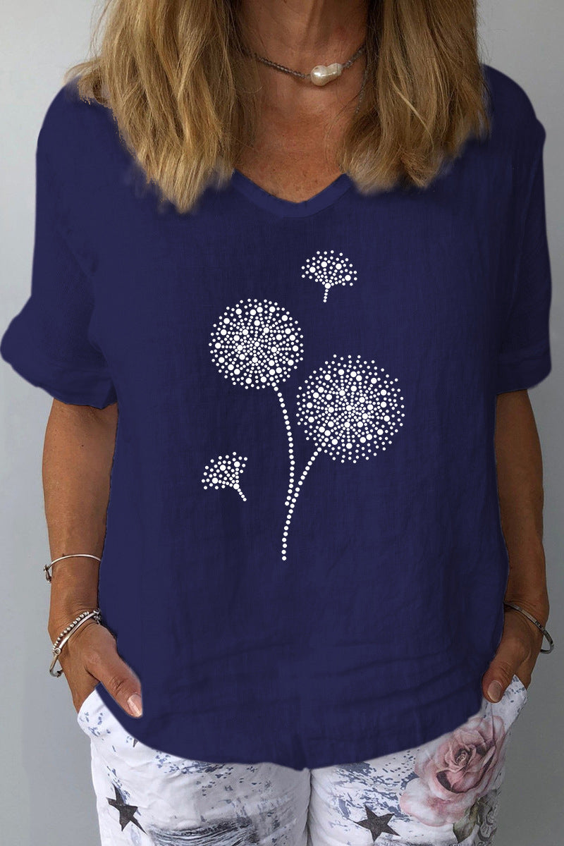 Dandelion Print V Neck Short Sleeve Casual Linen Top