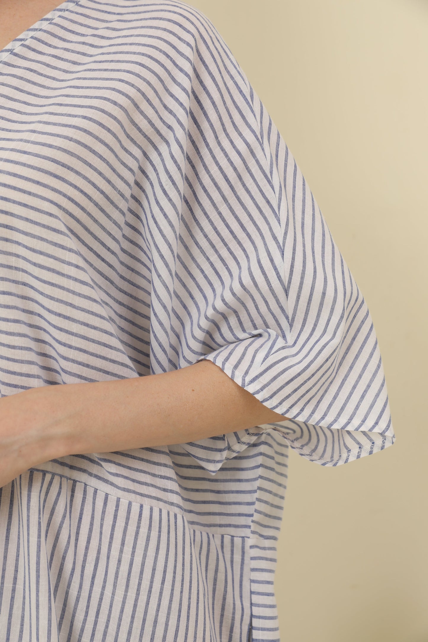 Flared Sleeve V-Neck Striped Panel Fashion Long Dress