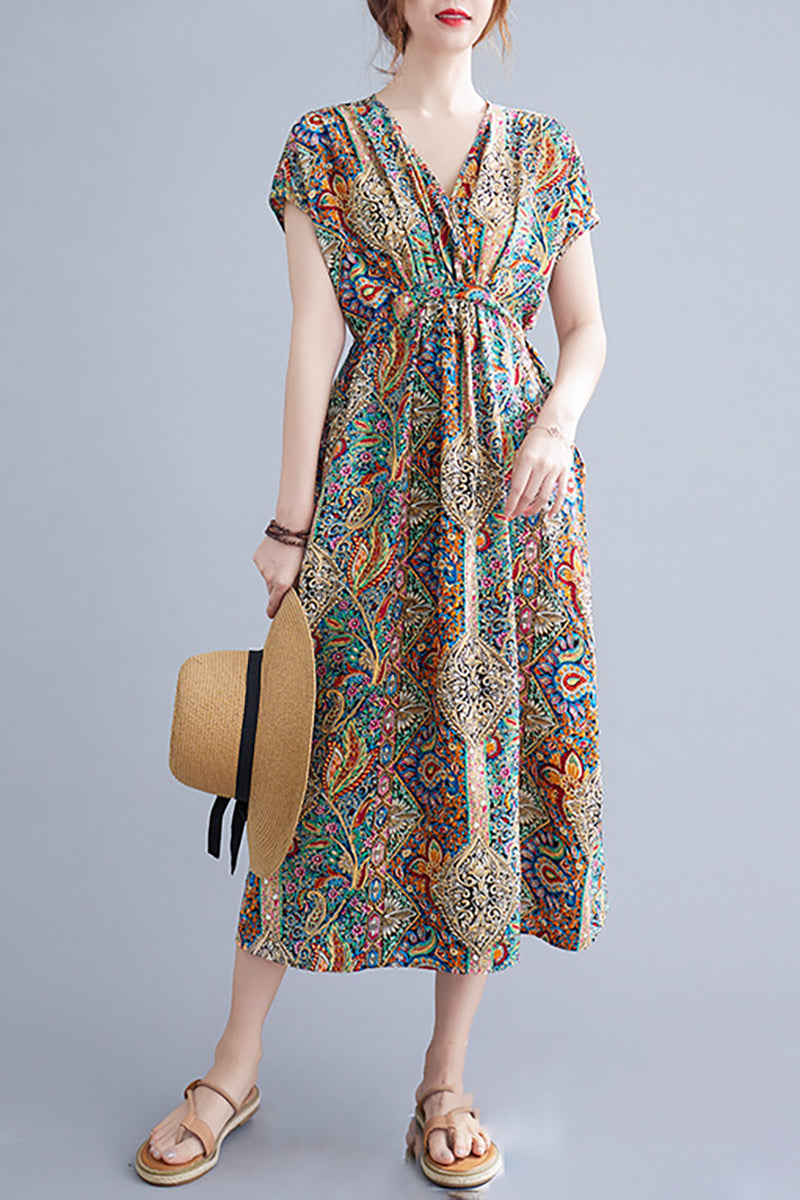 V Neck Short Sleeve Linen Print Midi Dress
