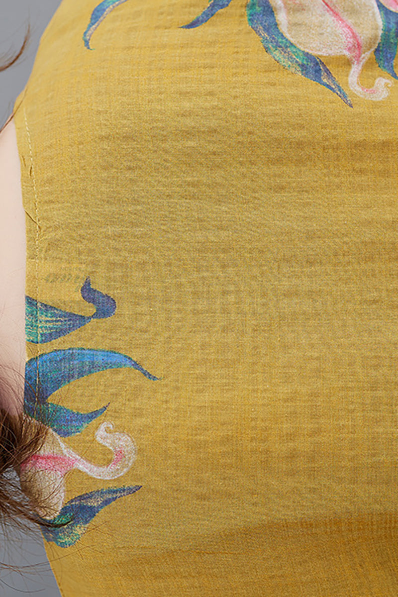 Printed Long Sleeve Round Neck Linen Maxi Dress