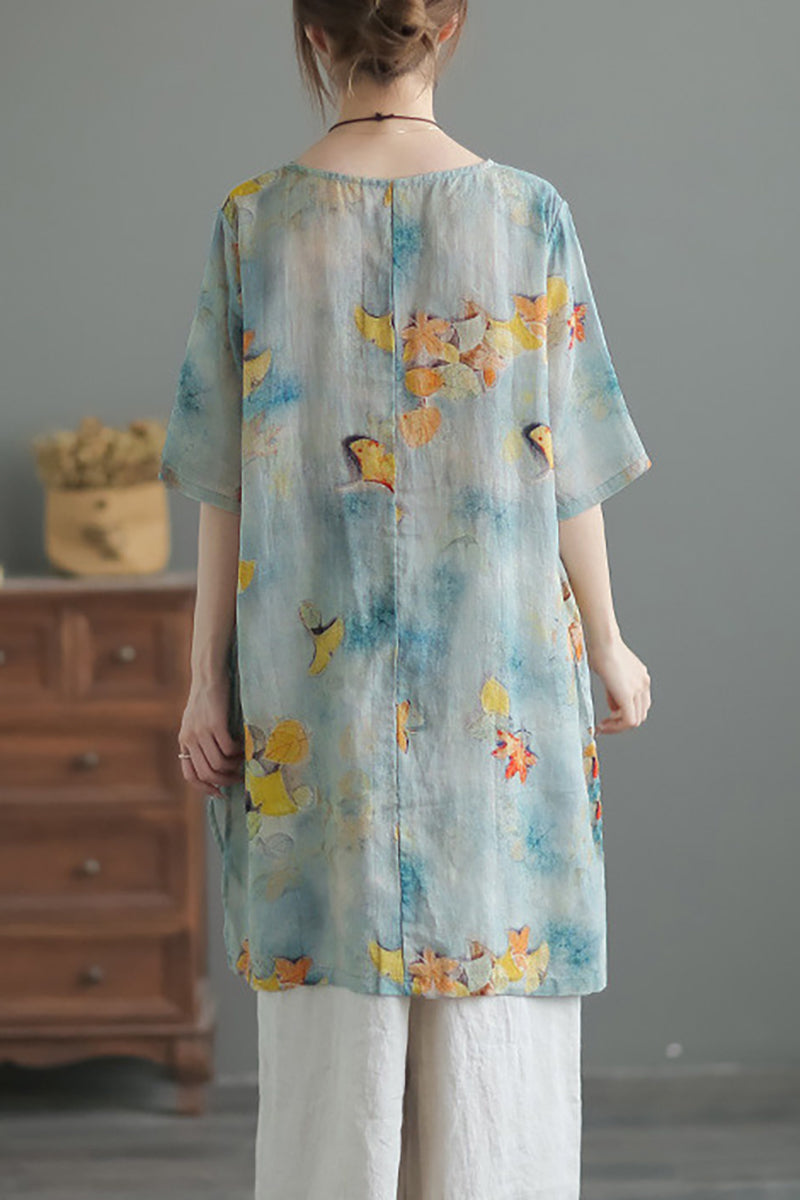 Round Neck Three Quarter Sleeve Irregular Hem Linen Top