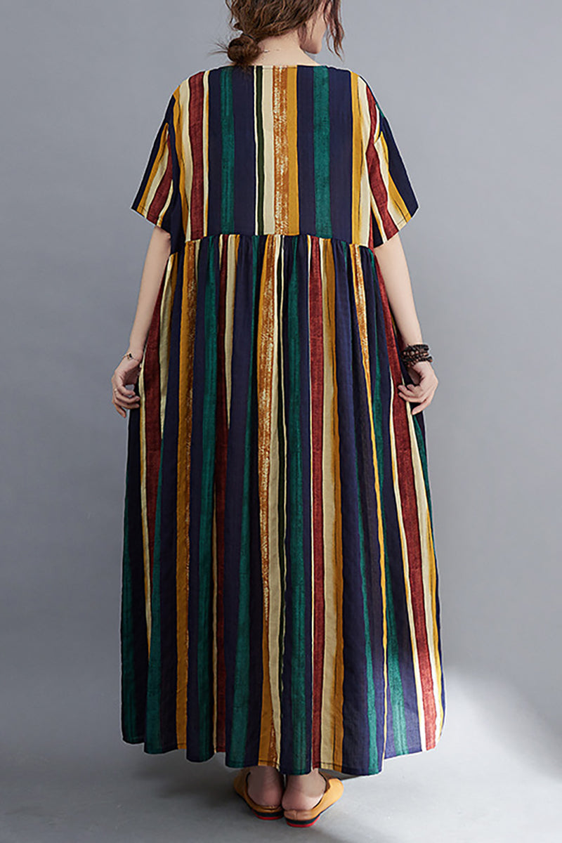 Linen Green Print Short Sleeve Round Neck Maxi Dress