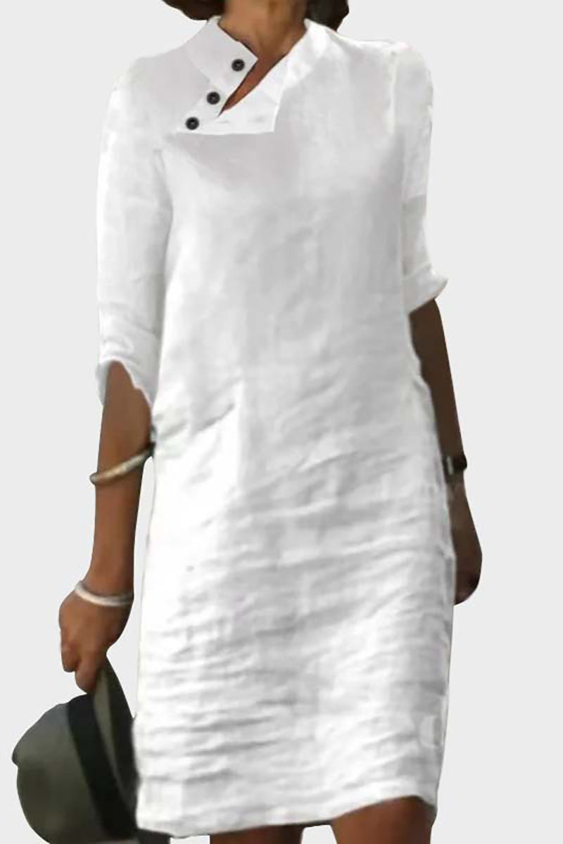 Irregular Button Trim Half Sleeve Casual Linen Midi Dress