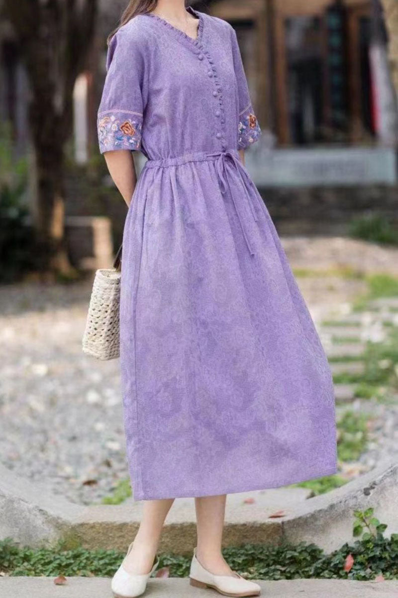 Linen V Neck Button Up Embroidery Short Sleeve Tie Up Ruched Wide Hem Casual Midi Dress