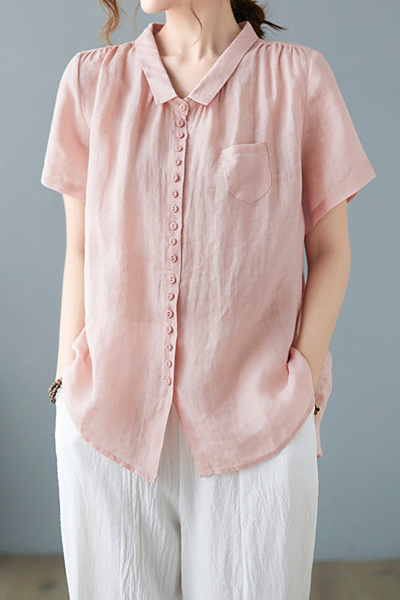 V Neck Short Sleeve Button Pocket Linen Blouse