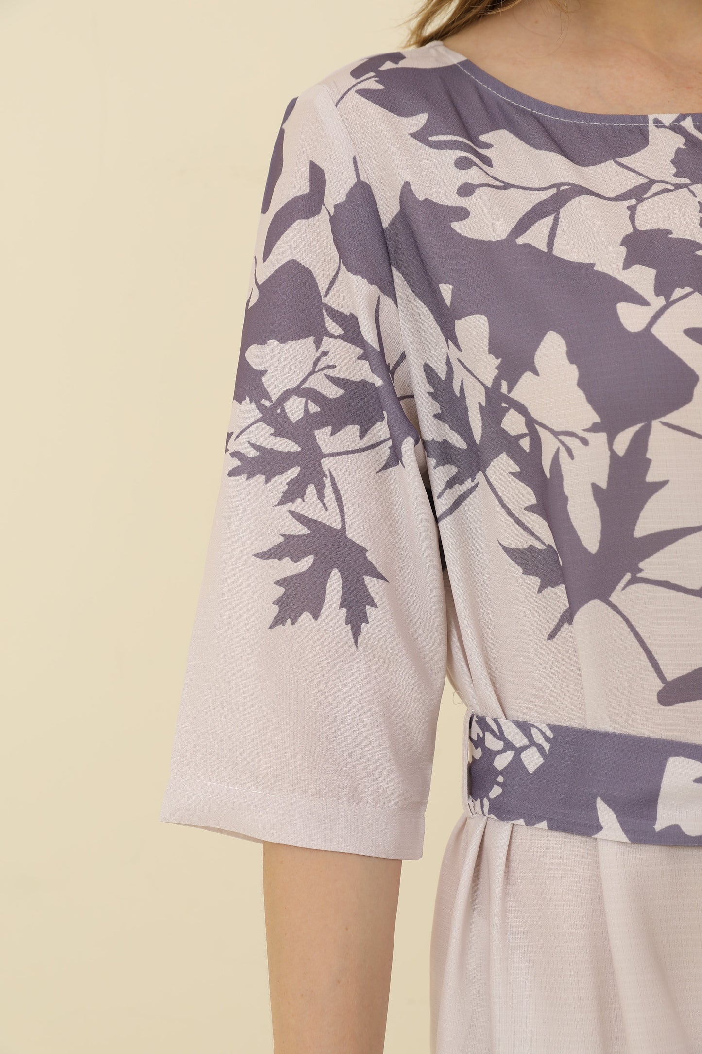 Cotton-Linen Floral Print Mid-Sleeve Dress