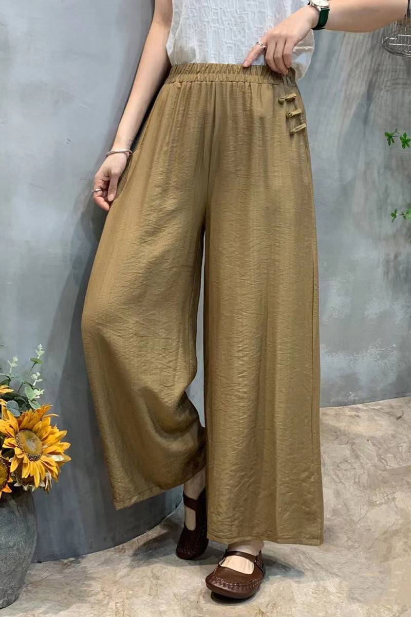 Pocket Chinese Knot Button Wide Leg Cropped Linen Pants