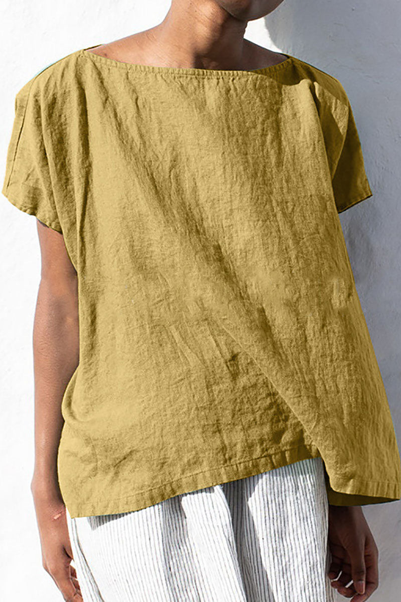 Boat Neck Short Sleeve Casual Linen T-Shirt