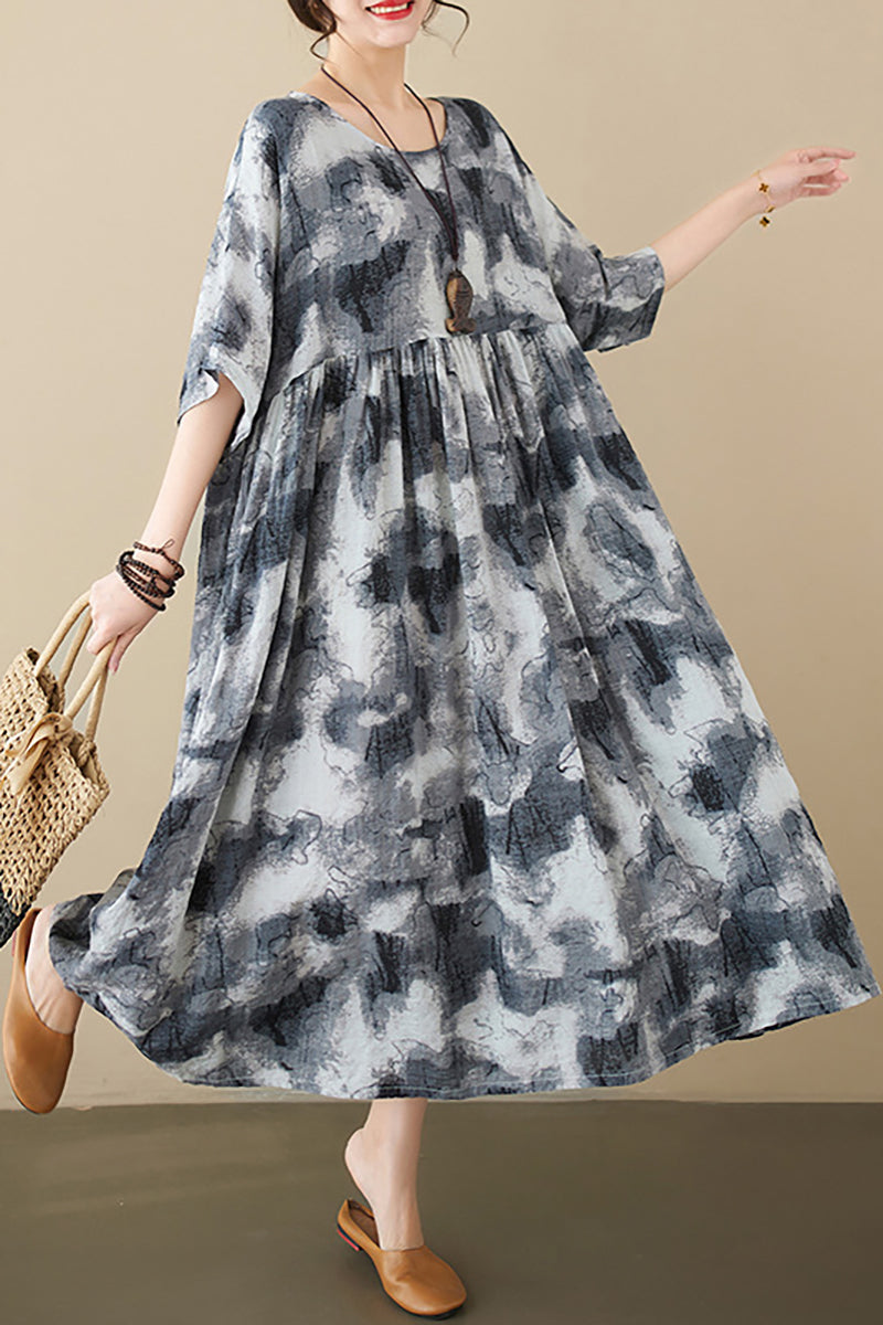 Pattern Print Half Sleeve Round Neck Linen Midi Dress
