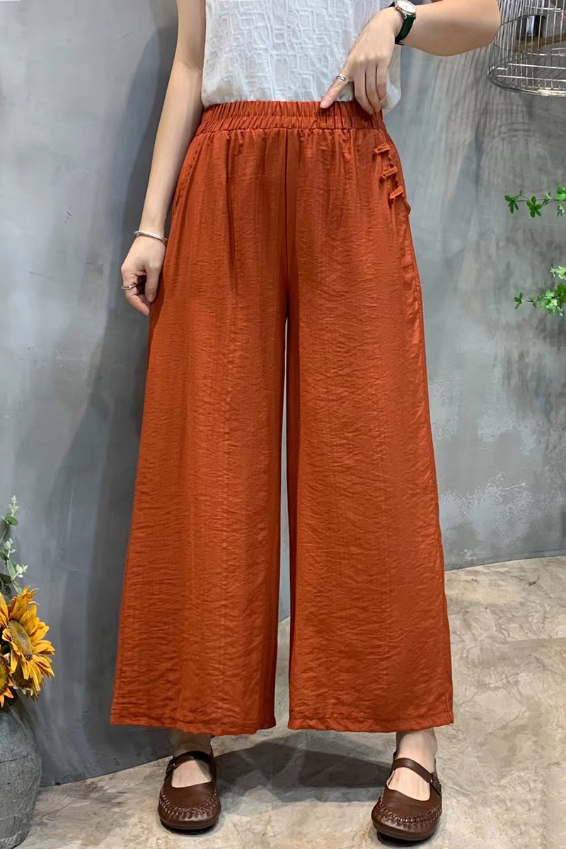 Pocket Chinese Knot Button Wide Leg Cropped Linen Pants