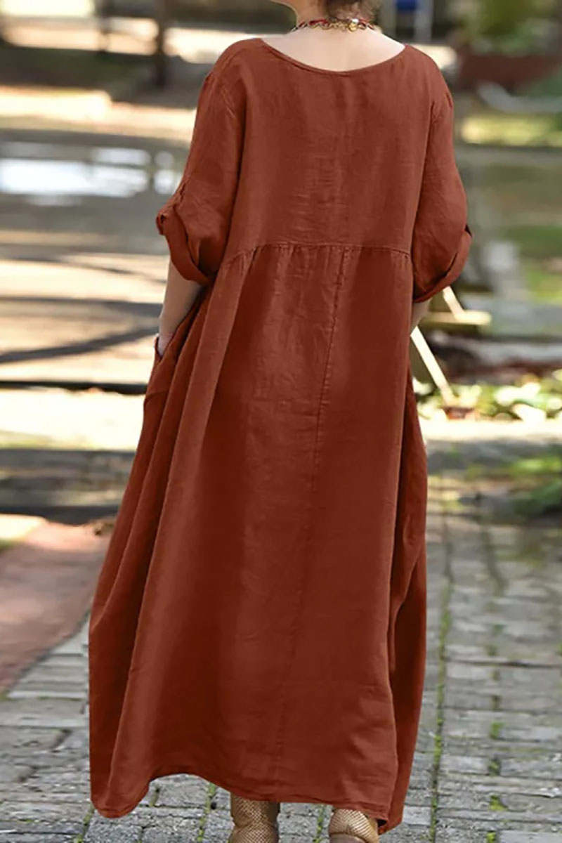 Roll Up Sleeve Irregular Neck Pocket Button Pleated Linen Maxi Dress