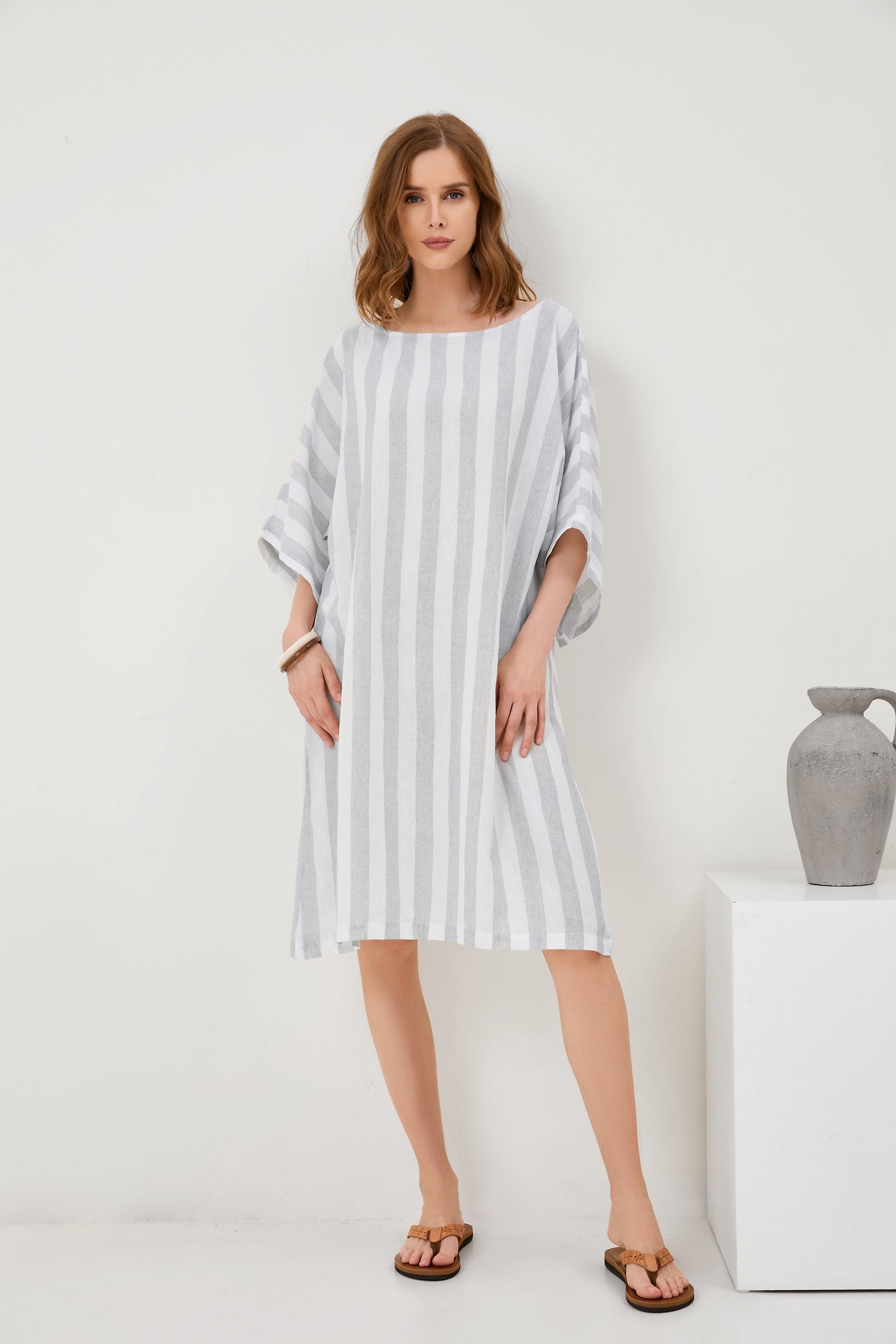 Cropped Sleeves Round Neck Cotton And Linen Comfort Dress