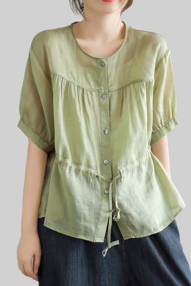 Half Sleeve Button Round Neck Drawstring Linen Top