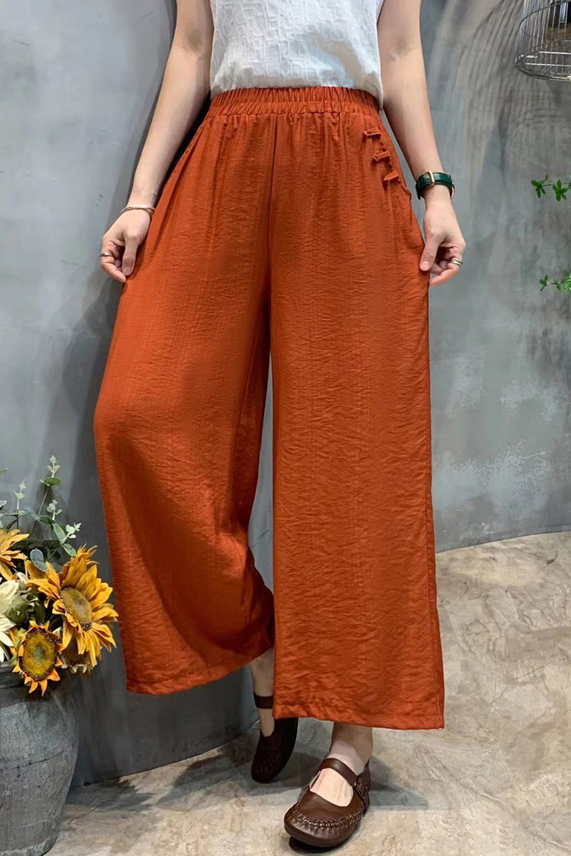 Pocket Chinese Knot Button Wide Leg Cropped Linen Pants