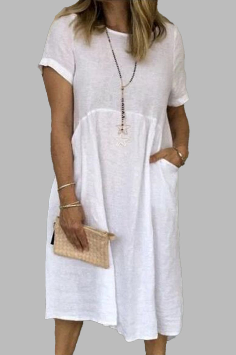 Plain Round Neck Short Sleeve Pocket Linne Midi Dress