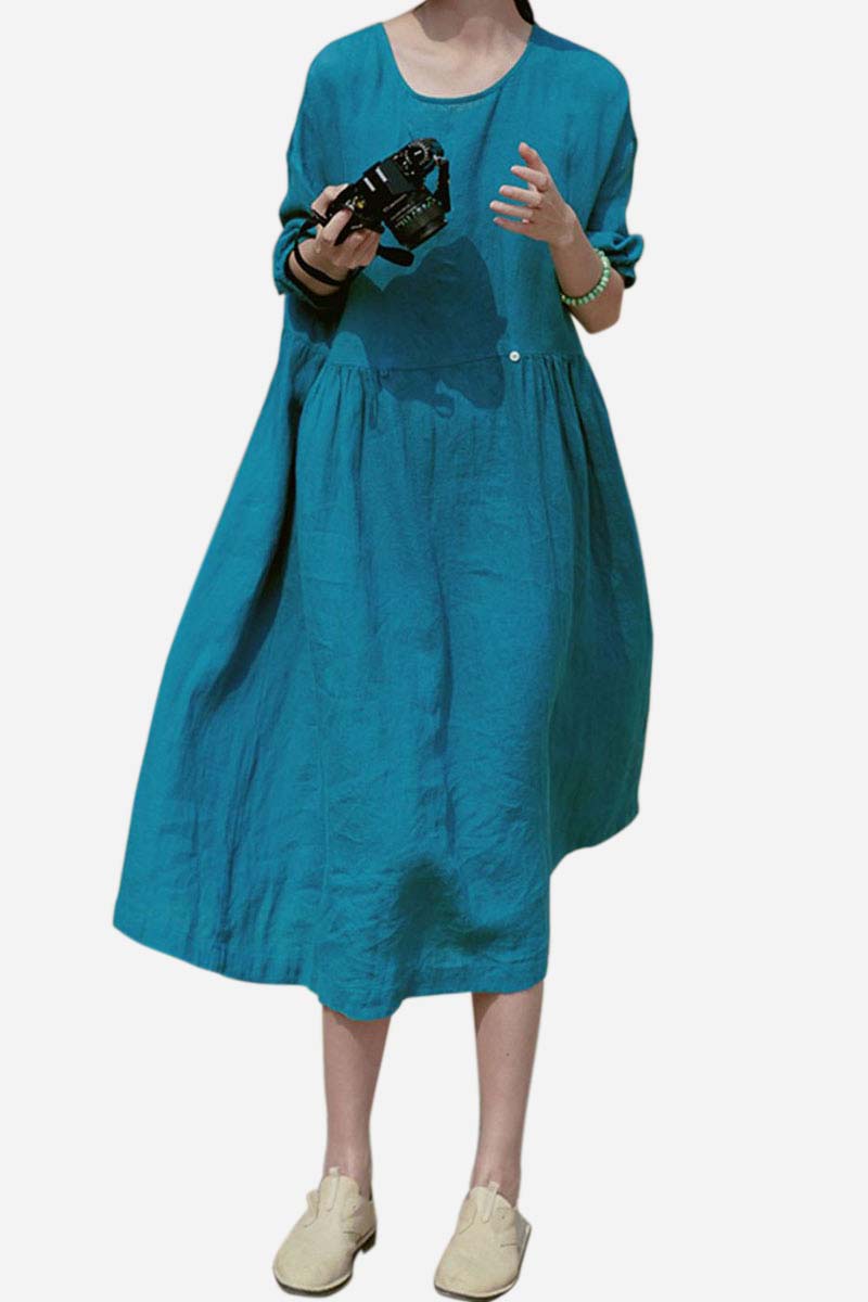 Linen Three Quarter Sleeve Round Neck Wide Hem Pleated Casual Midi Dress