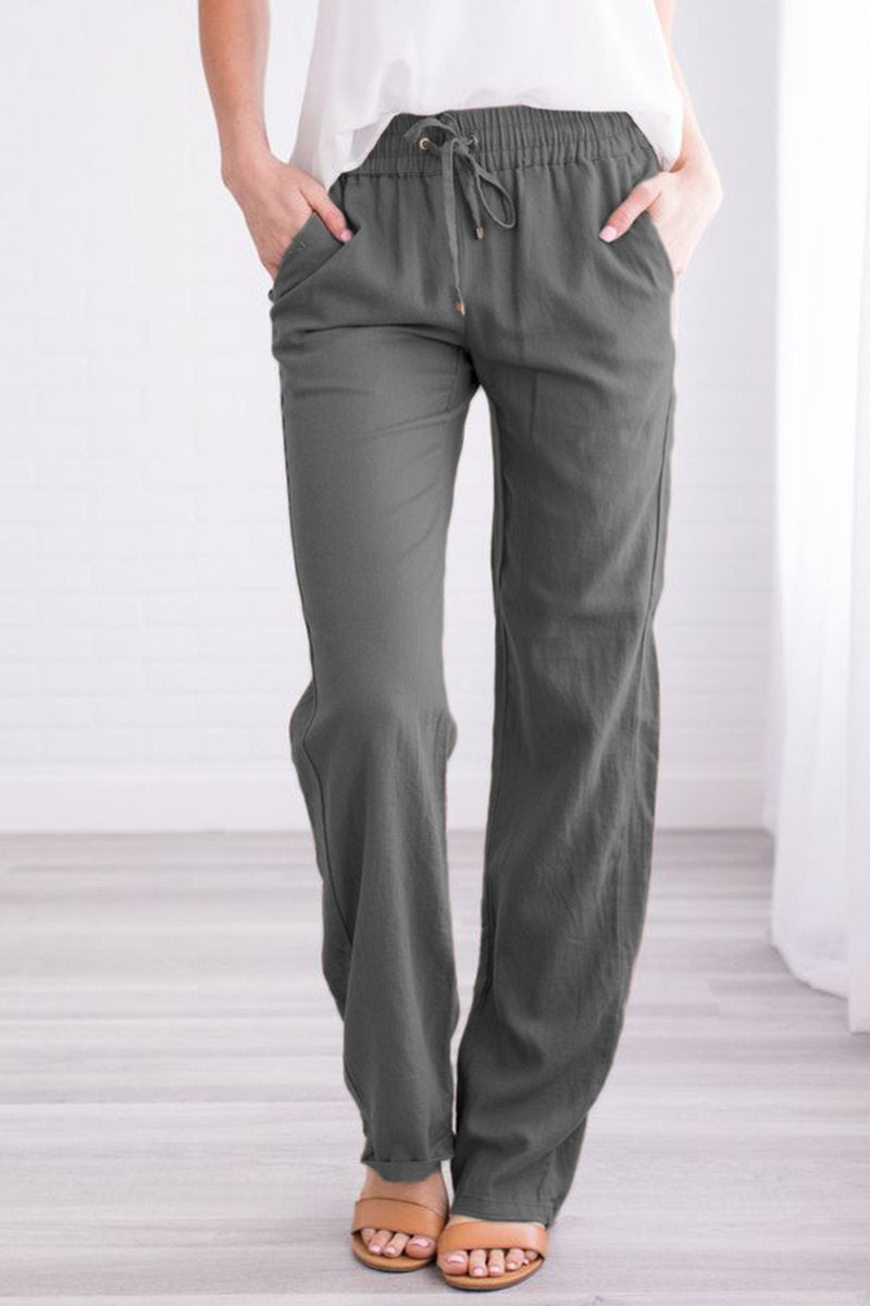 Linen Drawstring Waist Pocket Casual Straight Pants