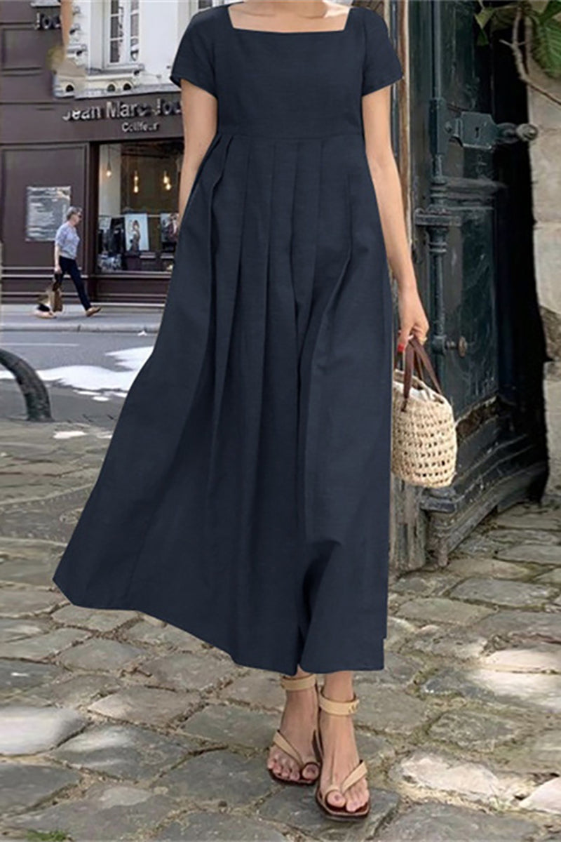 Short Sleeve Square Neck Pleated Linen Maxi Dress
