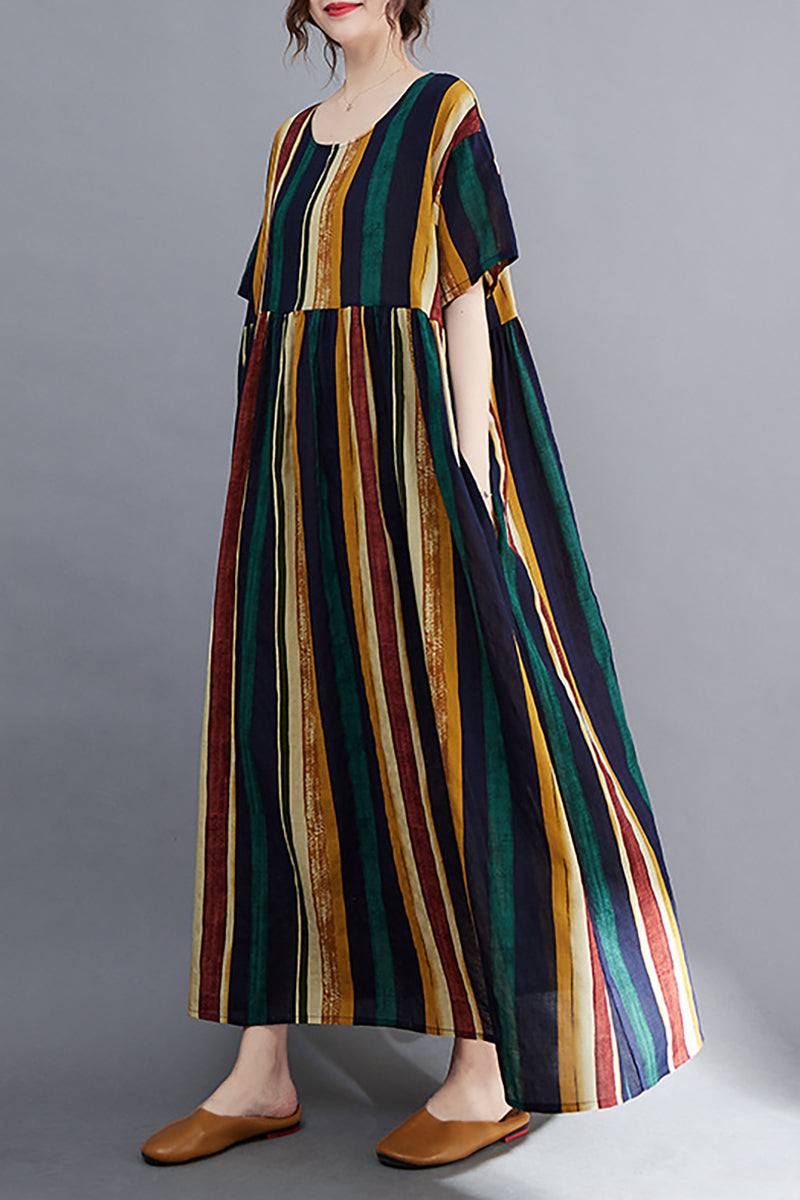 Linen Green Print Short Sleeve Round Neck Maxi Dress