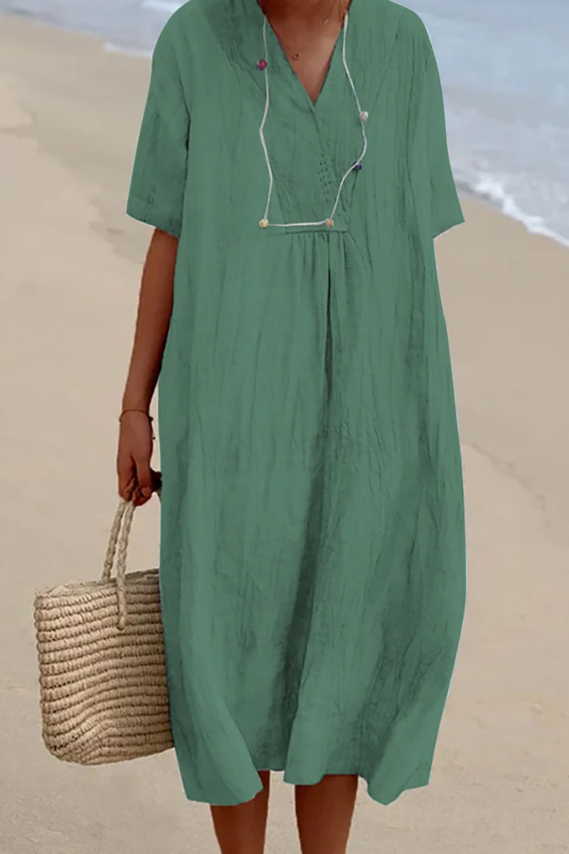 Linen V Neck Short Sleeve Midi Dress