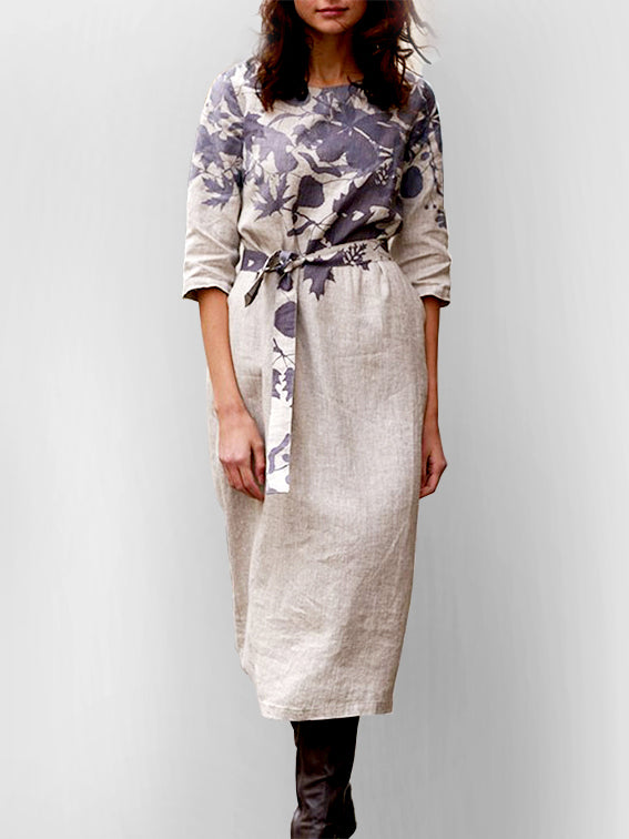 Cotton-Linen Floral Print Mid-Sleeve Dress