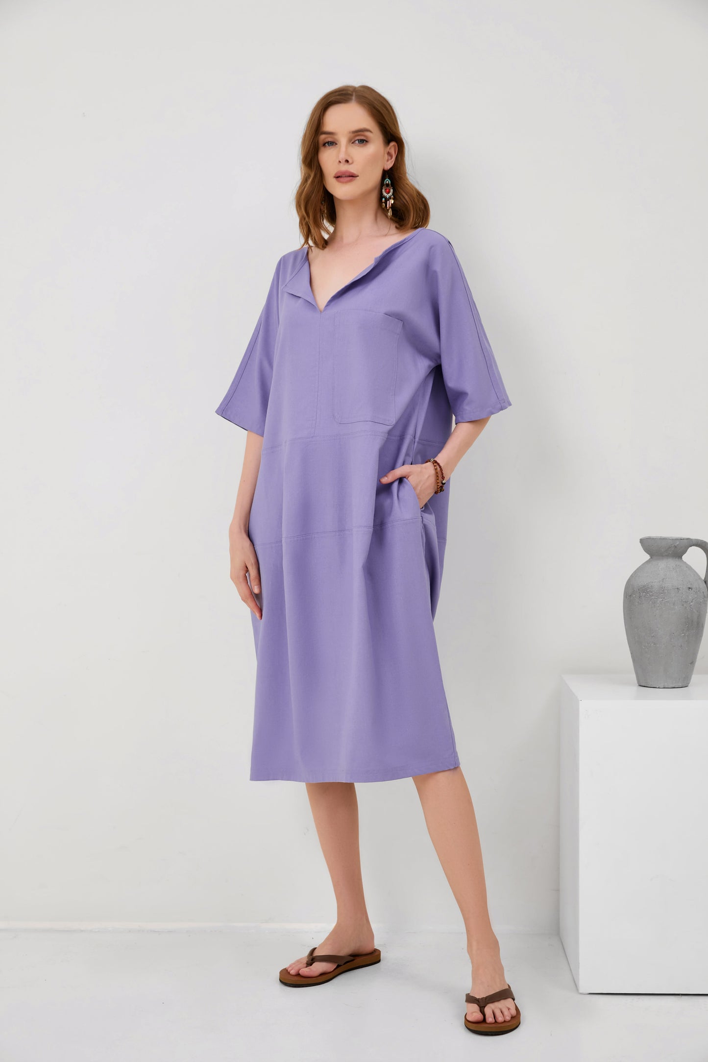 Fashion V-Neck Loose Pocket Mid-Sleeve Mid-Sleeve Cotton Linen Dress