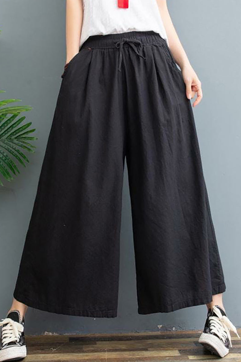 Wide Leg Drawstring Pocket Casual Linen Pants