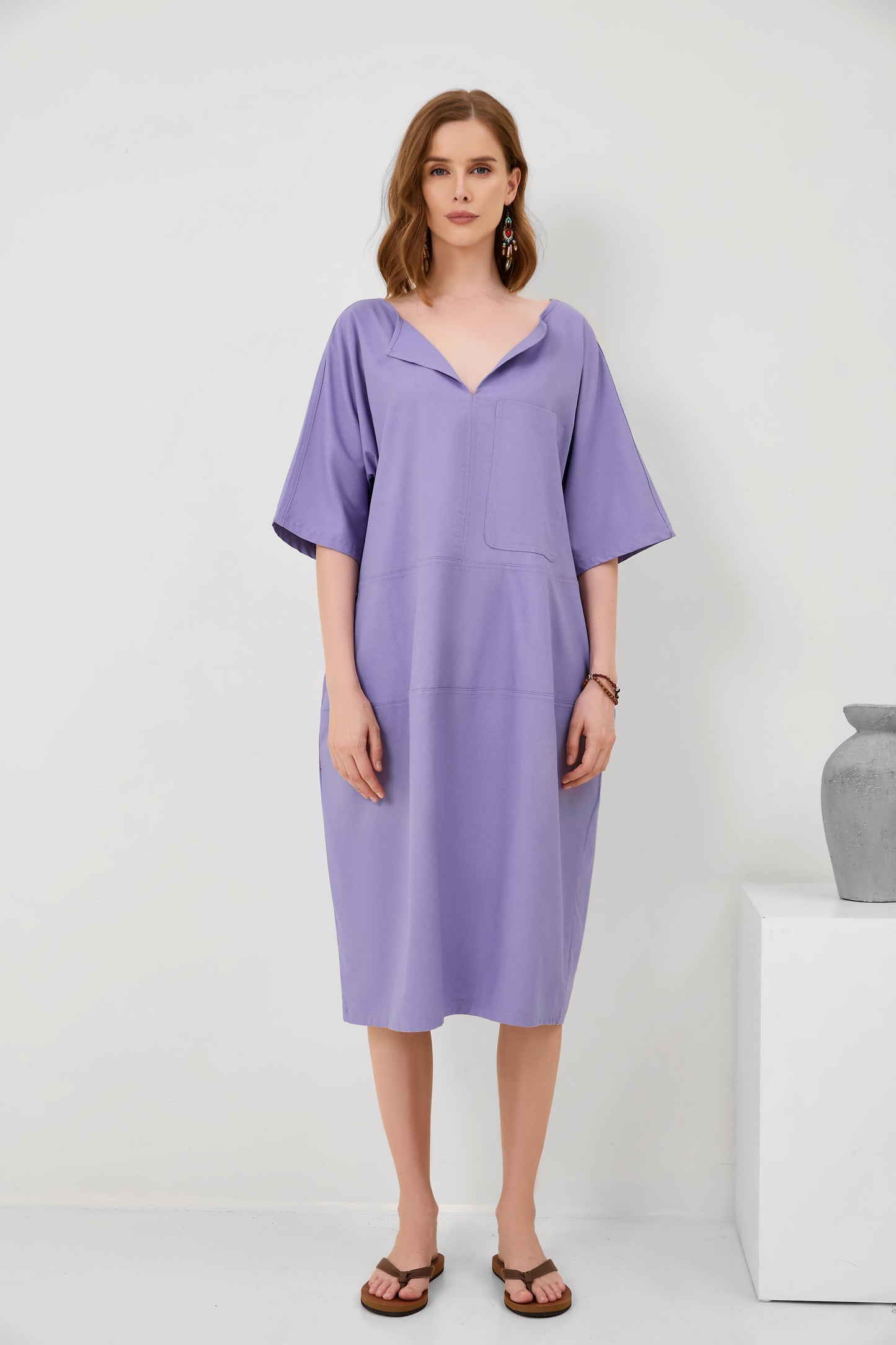 Fashion V-Neck Loose Pocket Mid-Sleeve Mid-Sleeve Cotton Linen Dress