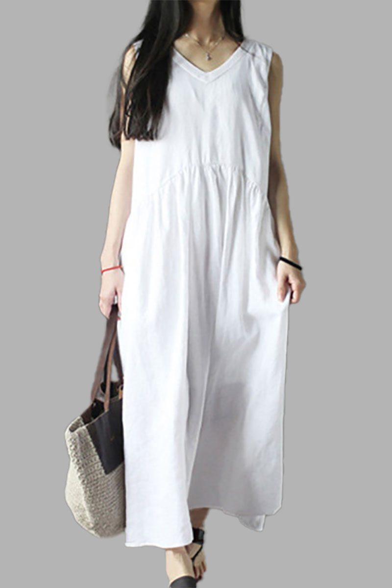 Sleeveless V Neck Tank Linen Casual Maxi Dress