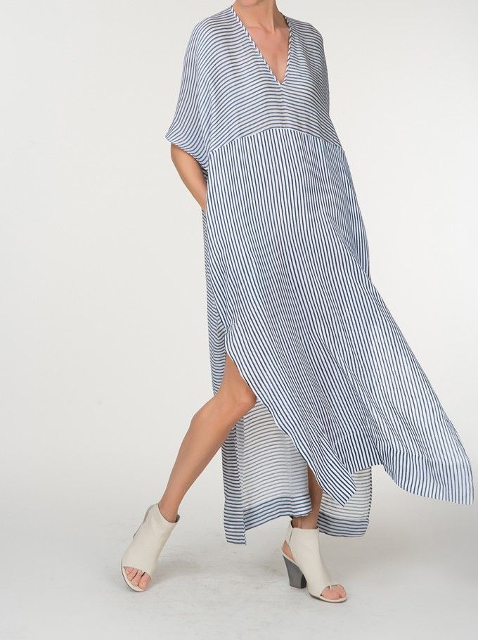 Flared Sleeve V-Neck Striped Panel Fashion Long Dress