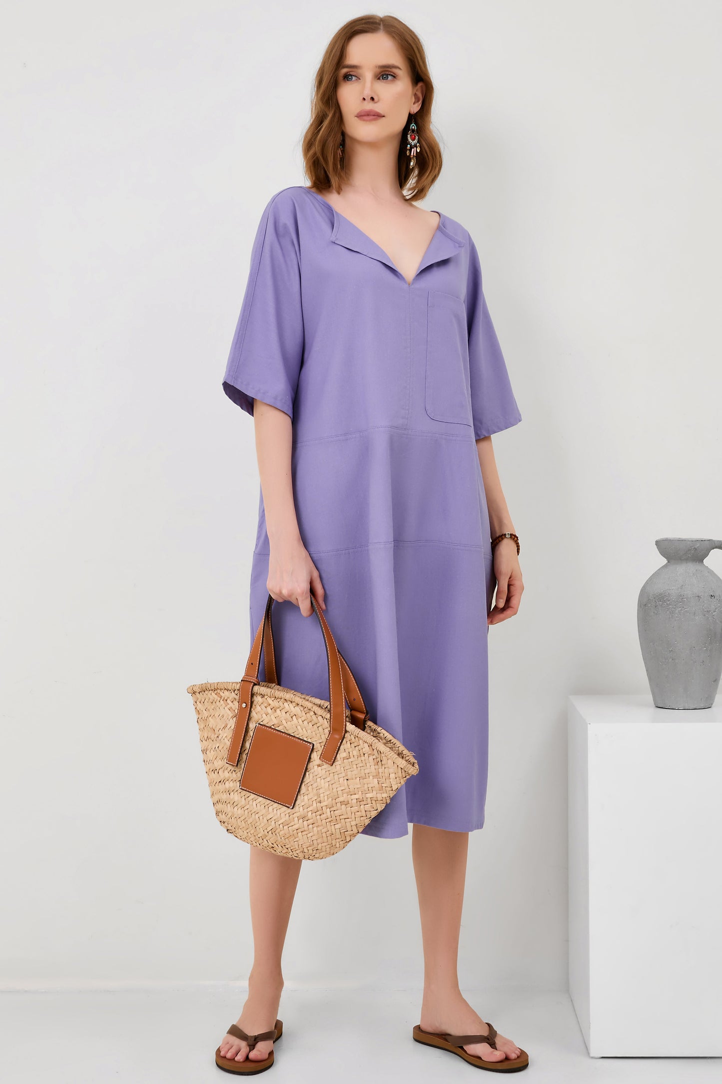 Fashion V-Neck Loose Pocket Mid-Sleeve Mid-Sleeve Cotton Linen Dress