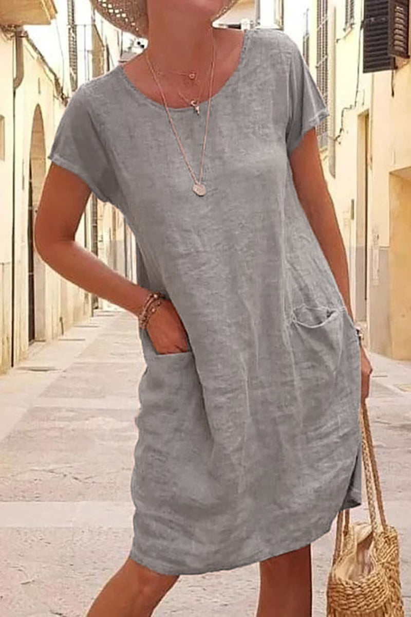 Short Sleeve Round Neck Pocket Casual Linen Mini Dress
